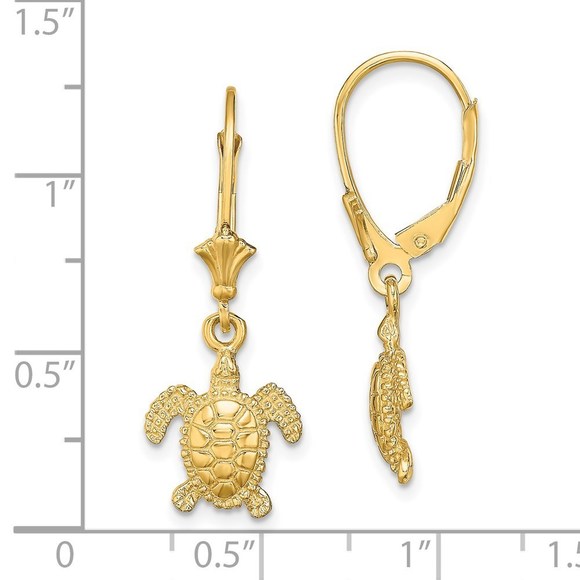14k Yellow Gold 3-D Polished Mini Sea Turtle Leverback Dangle Drop Earrings - Picture 4 of 4